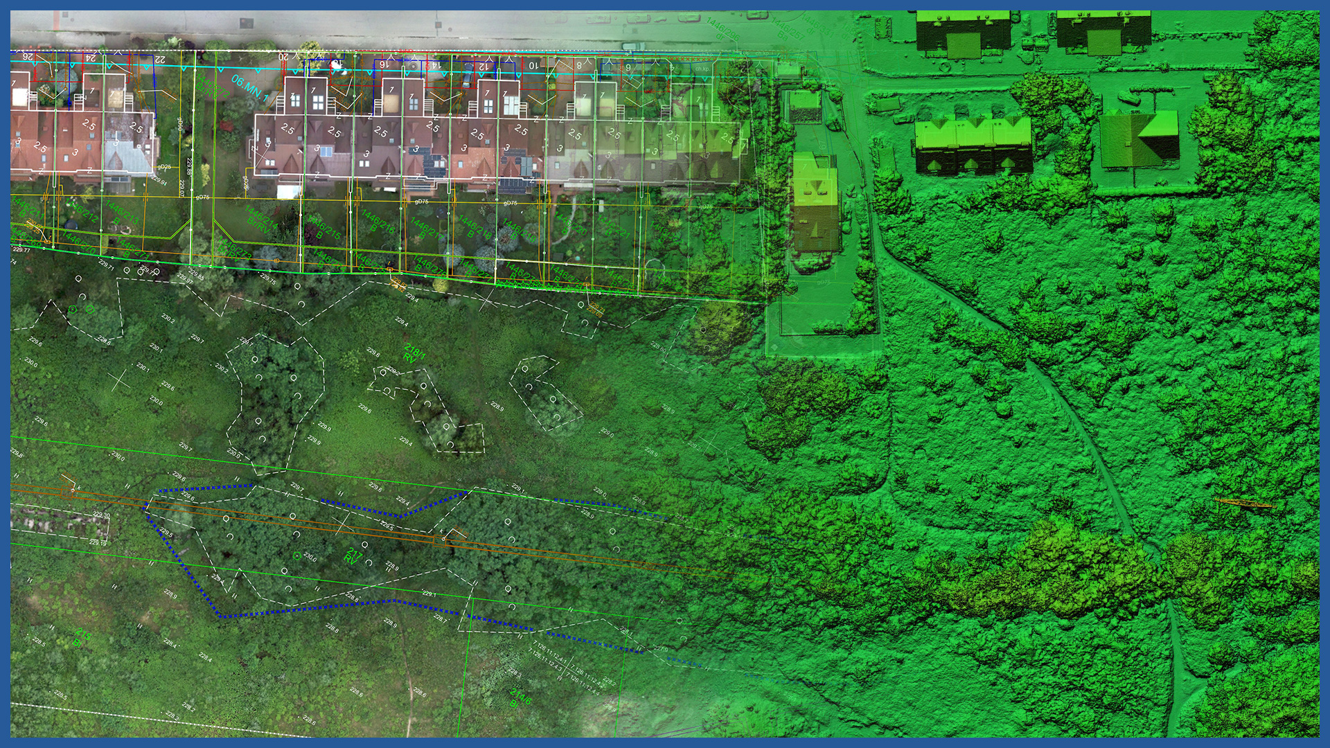 Combination of orthophotomap with real estate cadastre data and terrain model obtained by laser scanning.