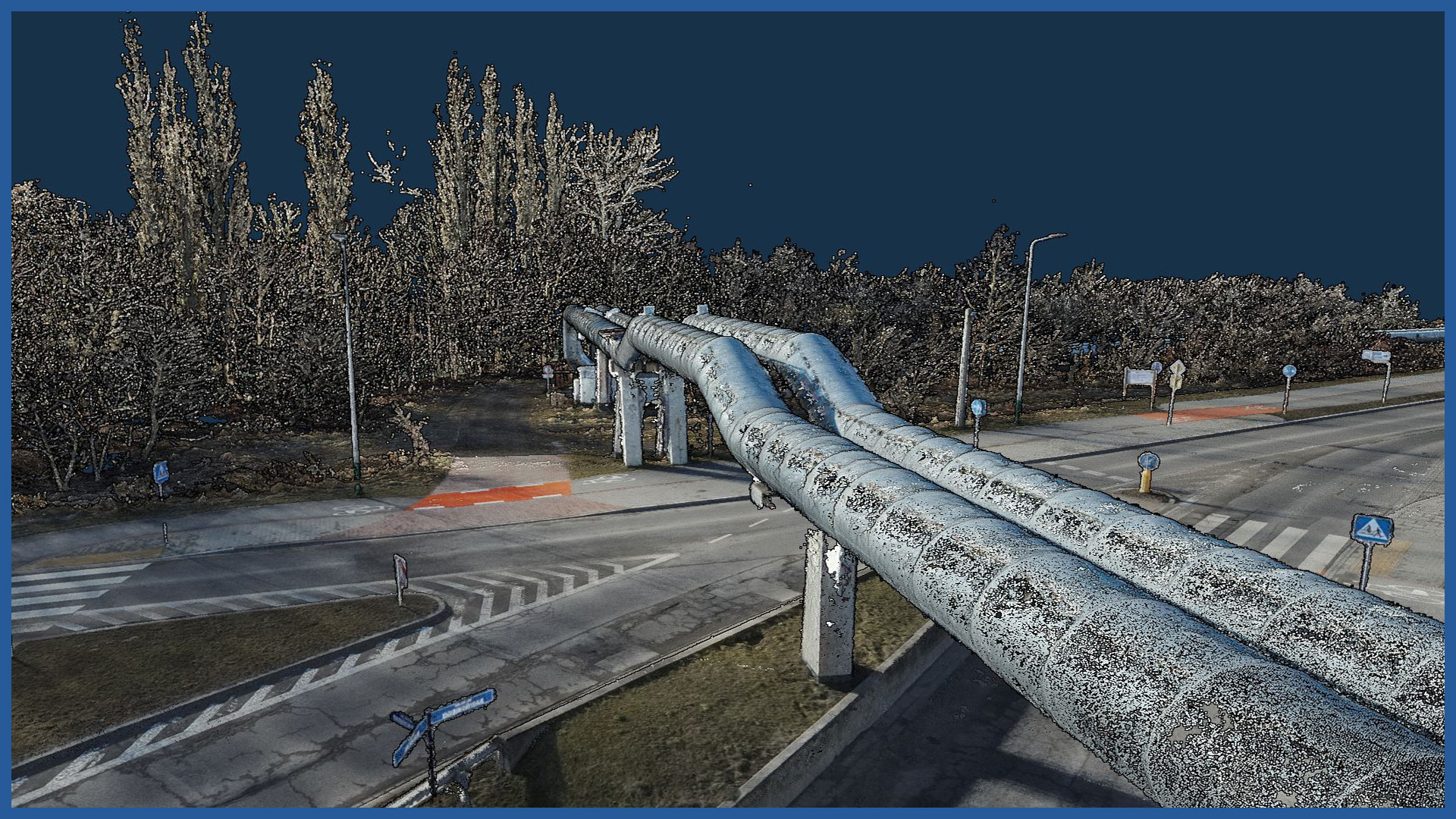 The dense colored point cloud is a detailed and digital model of transmission networks and their spatial relationships with surroundings.